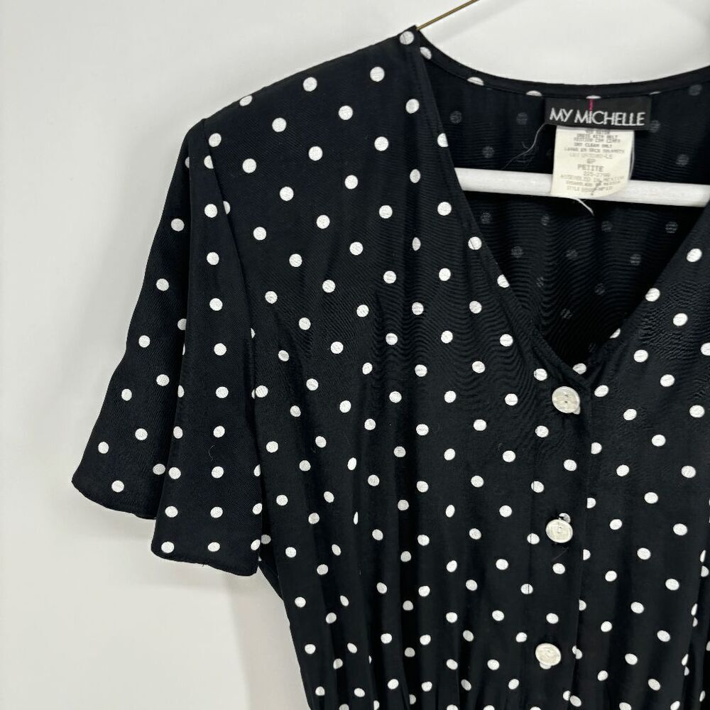 My Michelle Maxi Womens Black White Vtg Polka Dot Short Sleeve button Dress 6p - Picture 2 of 6